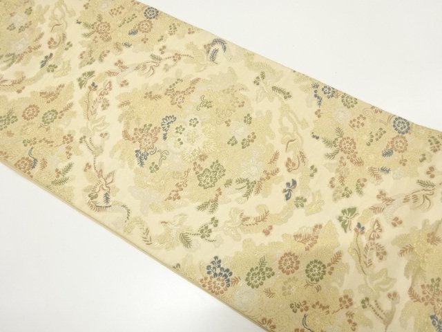 JAPANESE KIMONO / ANTIQUE FUKURO OBI / SILK / WOVEN RHOMBUS & FLOWERS & BIRDS & SARASA